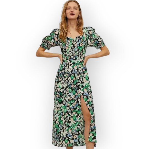 H&M Midi Dress Size Small Black Florals Side Slit Sweetheart Neckline - Picture 12 of 14